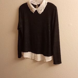 NEW MISIA Women Peter Pan Collar Long Sleeves Sz PXL Black White B12 X